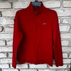 Vineyard Vines boys red pullover quarter zip sweatshirt with whale logo.